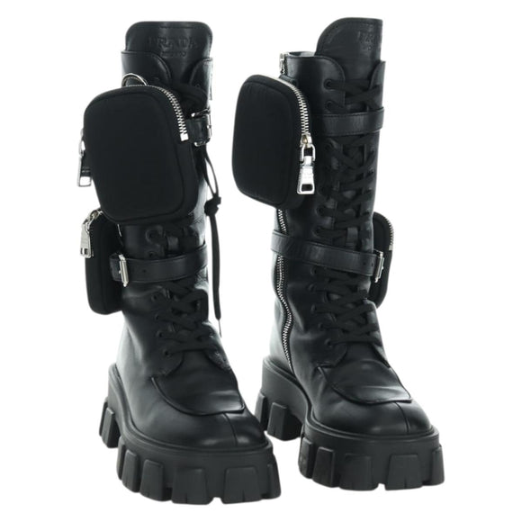 PRADA Monolith Long Boots Leather 35 1/2 Black Auth am11253SM