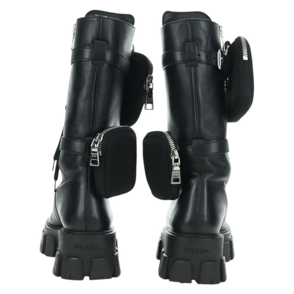 PRADA Monolith Long Boots Leather 35 1/2 Black Auth am11253SM