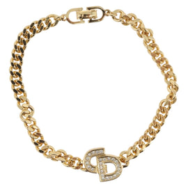 Christian Dior CD Rhinestone Chain Bracelet metal Gold Auth am11265V
