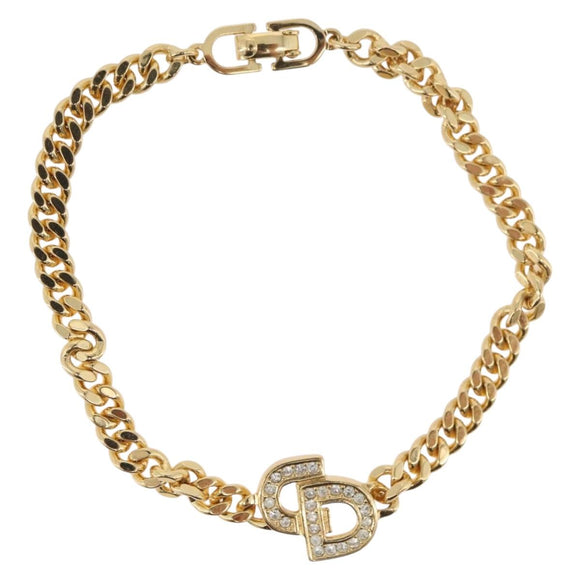 Christian Dior CD Rhinestone Chain Bracelet metal Gold Auth am11265V