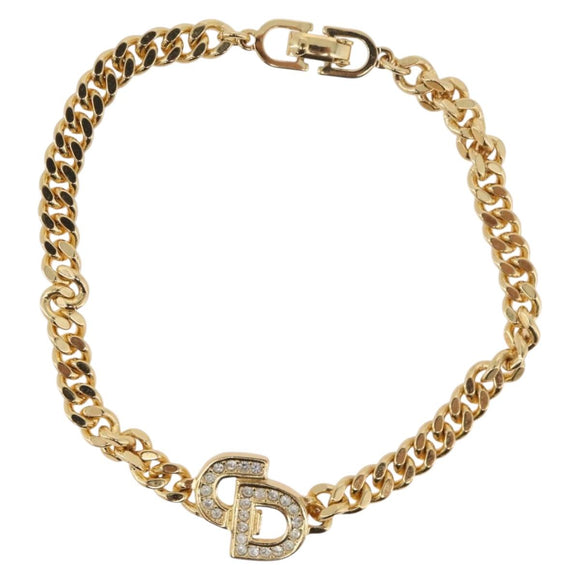 Christian Dior CD Rhinestone Chain Bracelet metal Gold Auth am11265V