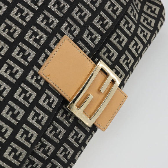 FENDI Zucchino Canvas Mamma Baguette Shoulder Bag Black Gold Auth am11274SAV
