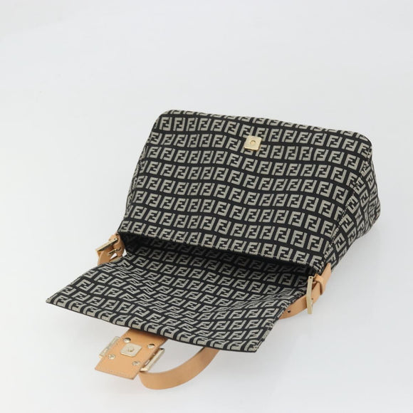 FENDI Zucchino Canvas Mamma Baguette Shoulder Bag Black Gold Auth am11274SAV