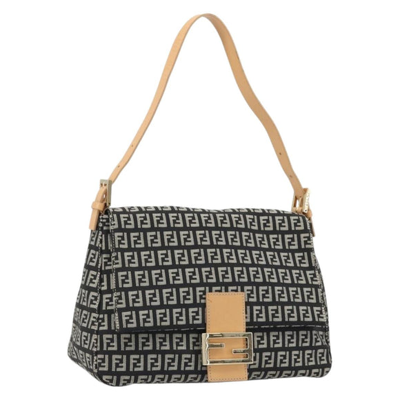 FENDI Zucchino Canvas Mamma Baguette Shoulder Bag Black Gold Auth am11274SAV
