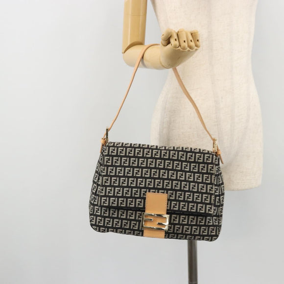 FENDI Zucchino Canvas Mamma Baguette Shoulder Bag Black Gold Auth am11274SAV