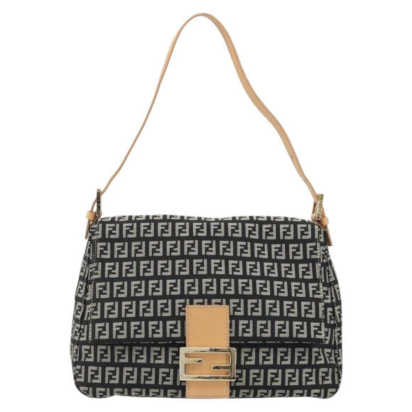 FENDI Zucchino Canvas Mamma Baguette Shoulder Bag Black Gold Auth am11274SAV