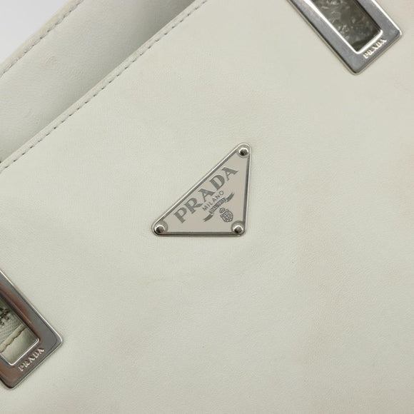 PRADA Tote Bag Leather White Silver Auth am11340