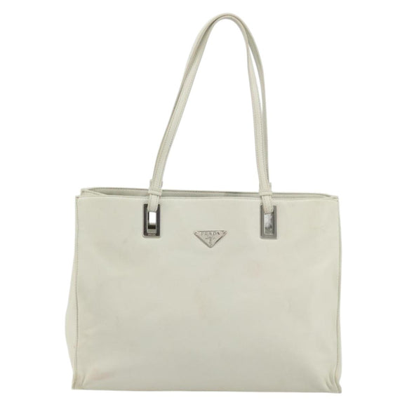 PRADA Tote Bag Leather White Silver Auth am11340