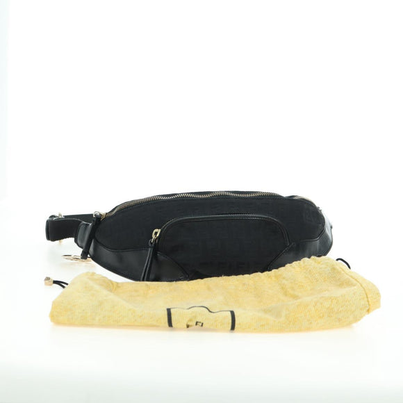 FENDI Zucchino Canvas Mamma Baguette Waist bag Black Gold Auth am11355V