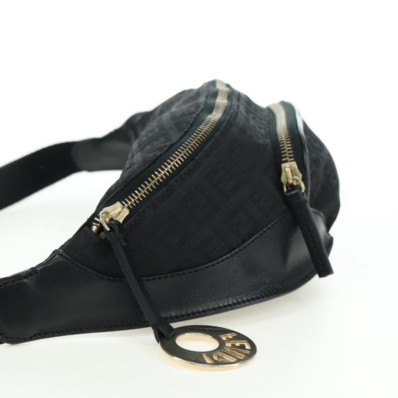 FENDI Zucchino Canvas Mamma Baguette Waist bag Black Gold Auth am11355V