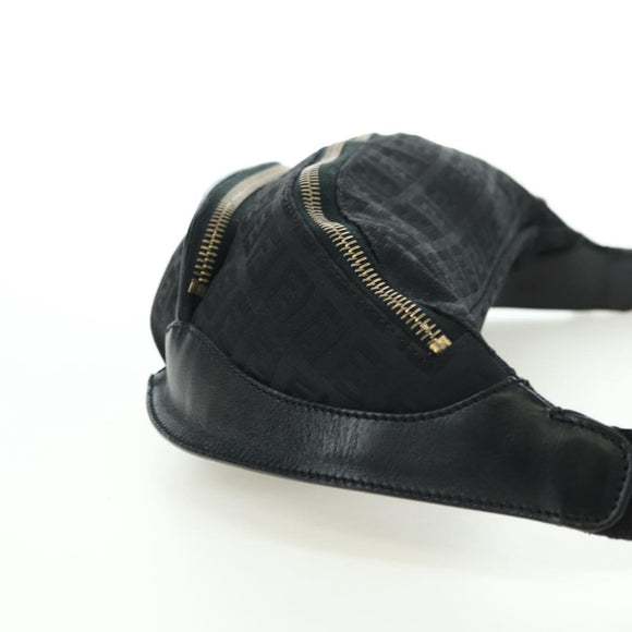 FENDI Zucchino Canvas Mamma Baguette Waist bag Black Gold Auth am11355V