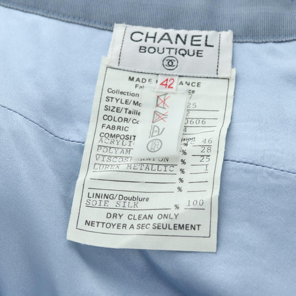 CHANEL jacket Skirt Setup Tweed 42 Light Blue CC Auth am11360SM