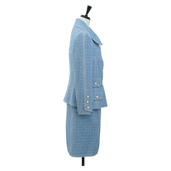 CHANEL jacket Skirt Setup Tweed 42 Light Blue CC Auth am11360SM