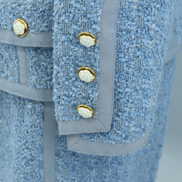 CHANEL jacket Skirt Setup Tweed 42 Light Blue CC Auth am11360SM