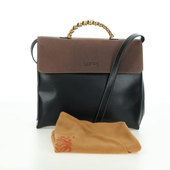 LOEWE Velazquez Hand Bag Leather 2way Brown Gold black Auth am11389V