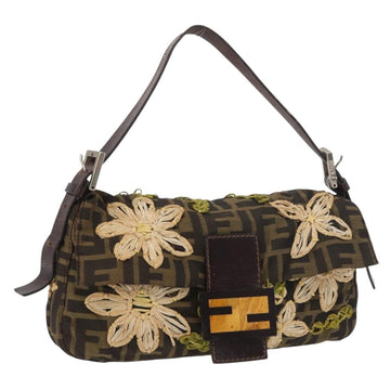 FENDI Zucca Canvas Nylon Flower Mamma Baguette Bag Black Brown Auth am11394A