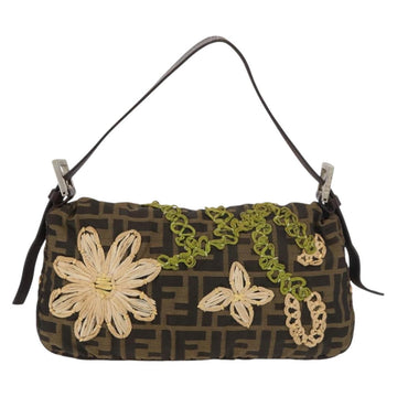 FENDI Zucca Canvas Nylon Flower Mamma Baguette Bag Black Brown Auth am11394A - 0