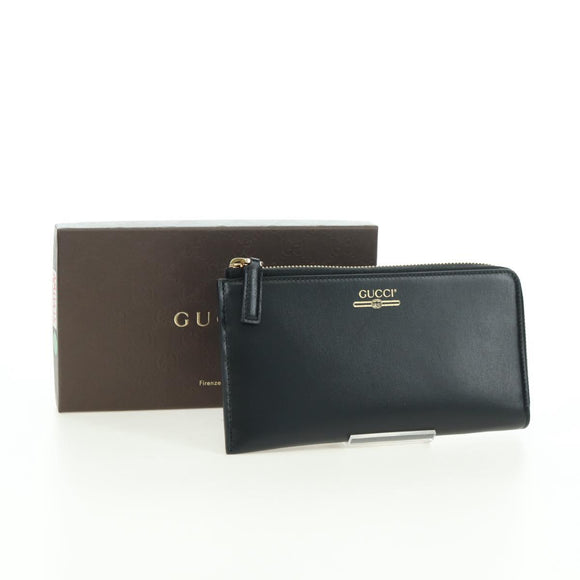 GUCCI L Shaped Round Long Wallet Leather Black Gold 573116 Auth am11415V