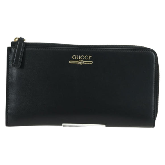 GUCCI L Shaped Round Long Wallet Leather Black Gold 573116 Auth am11415V