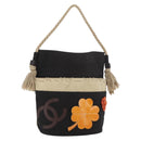 CHANEL Fishnet Camellia Clover Rope Bag Canvas Black Silver CC Auth am11426A-1