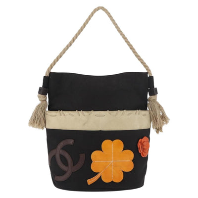 CHANEL Fishnet Camellia Clover Rope Bag Canvas Black Silver CC Auth am11426A - 0