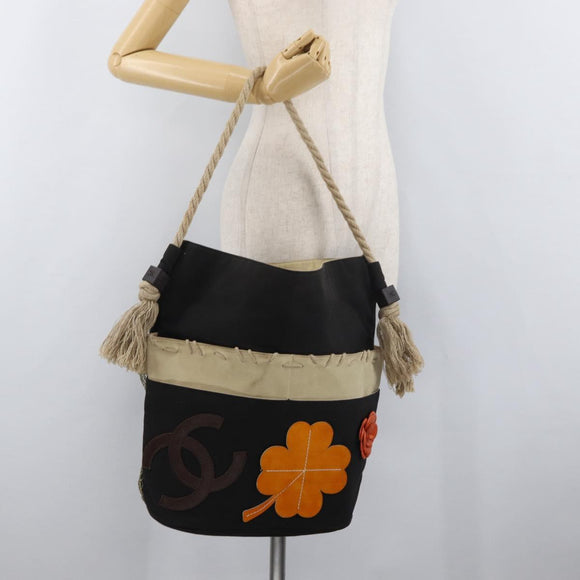 CHANEL Fishnet Camellia Clover Rope Bag Canvas Black Silver CC Auth am11426A