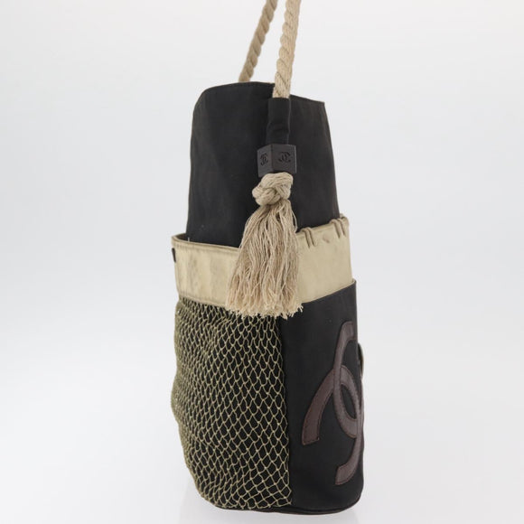 CHANEL Fishnet Camellia Clover Rope Bag Canvas Black Silver CC Auth am11426A