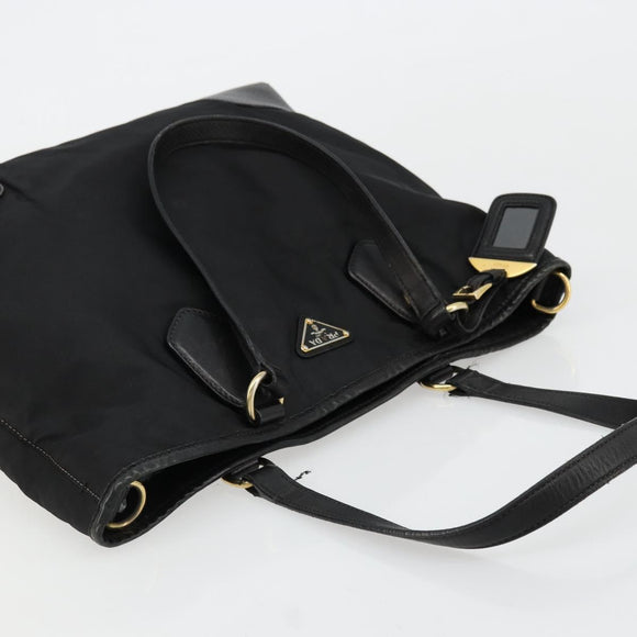 PRADA Tote Bag Nylon Leather Black Gold Auth am11435