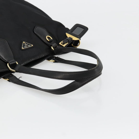 PRADA Tote Bag Nylon Leather Black Gold Auth am11435
