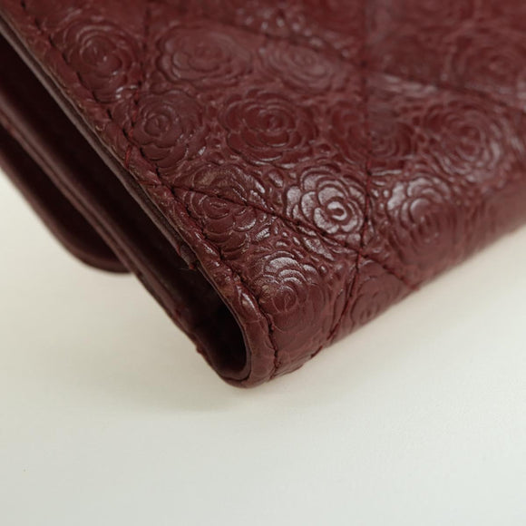CHANEL Camelia Trifold Wallet Leather Bordeaux Gold CC Auth am11479M