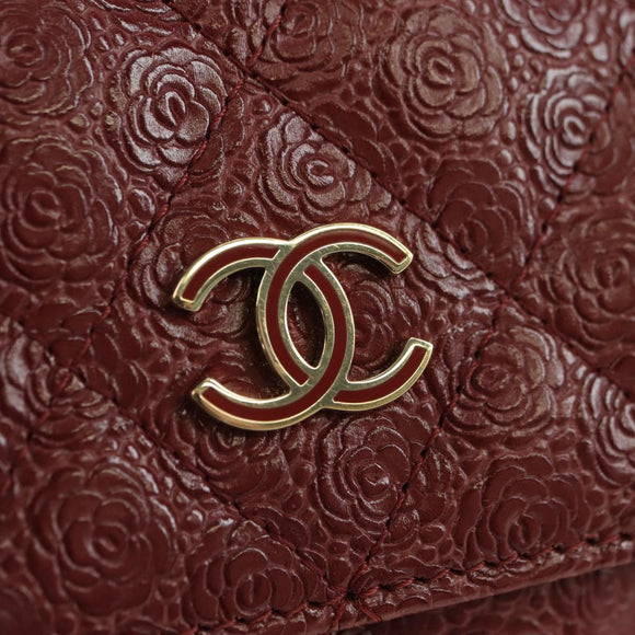 CHANEL Camelia Trifold Wallet Leather Bordeaux Gold CC Auth am11479M