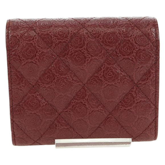 CHANEL Camelia Trifold Wallet Leather Bordeaux Gold CC Auth am11479M