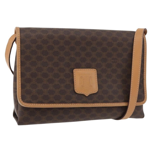 CELINE Macadam Canvas Schoudertas PVC Leer Bruin Goud Auth am11484A
