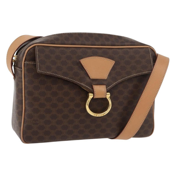 CELINE Macadam Canvas Schoudertas PVC Leer Bruin Goud Auth am11493A