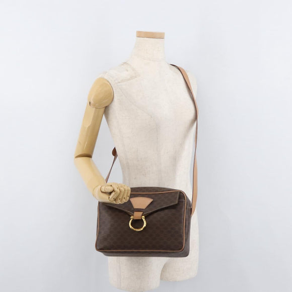 CELINE Macadam Canvas Schoudertas PVC Leer Bruin Goud Auth am11493A