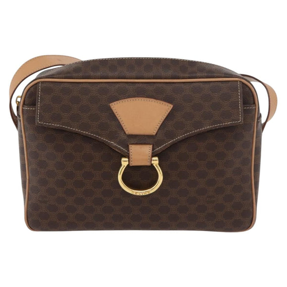 CELINE Macadam Canvas Schoudertas PVC Leer Bruin Goud Auth am11493A