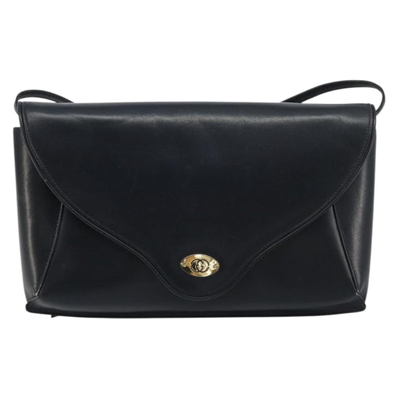 GUCCI Old Shoulder Bag Leather Navy Gold Auth am11511