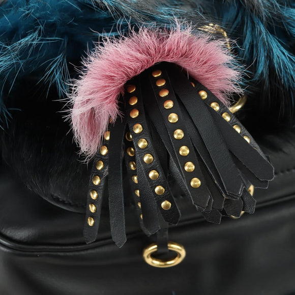 PRADA Hand Bag Fur Leather Blue Black Auth am11517SM