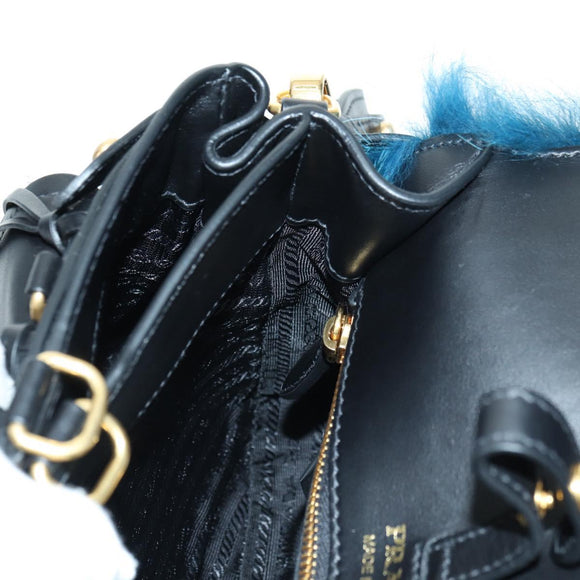 PRADA Hand Bag Fur Leather Blue Black Auth am11517SM