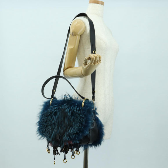 PRADA Hand Bag Fur Leather Blue Black Auth am11517SM