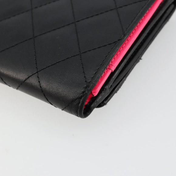 CHANEL Cambon Line Long Wallet Lamb Skin Black White CC Auth am11522V