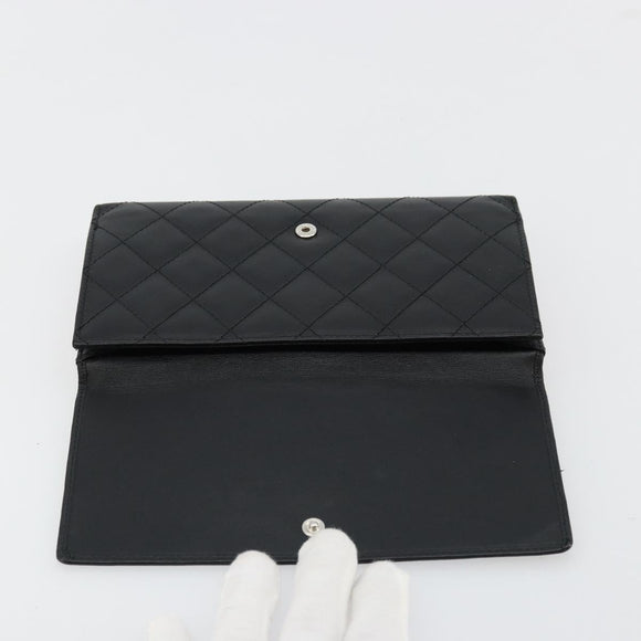 CHANEL Cambon Line Long Wallet Lamb Skin Black White CC Auth am11522V