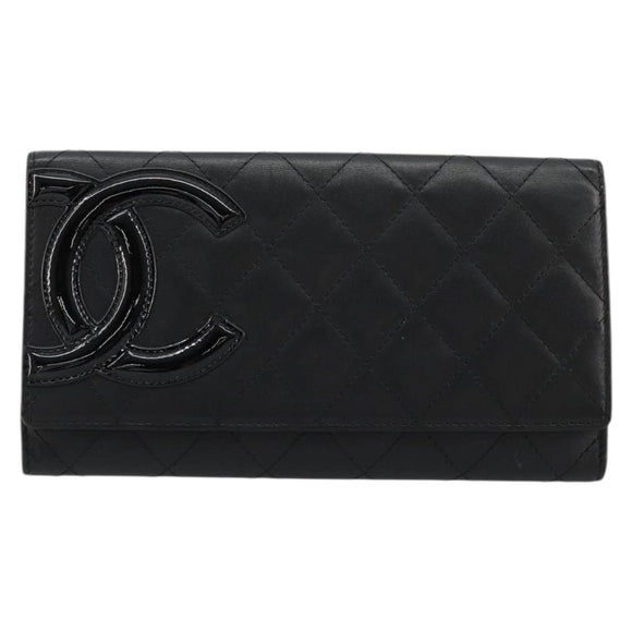 CHANEL Cambon Line Long Wallet Lamb Skin Black White CC Auth am11522V