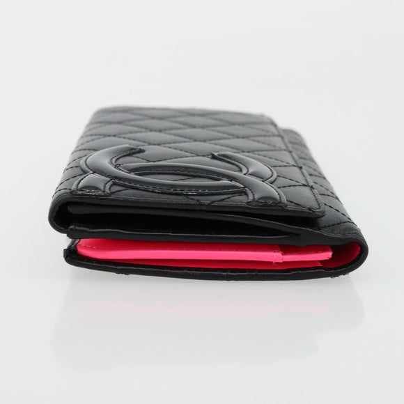CHANEL Cambon Line Long Wallet Lamb Skin Black White CC Auth am11522V