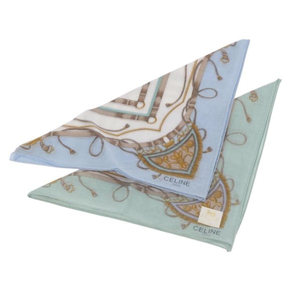 CELINE Handkerchief Cotton 2 Pieces Set Green Light Blue Auth am11541A