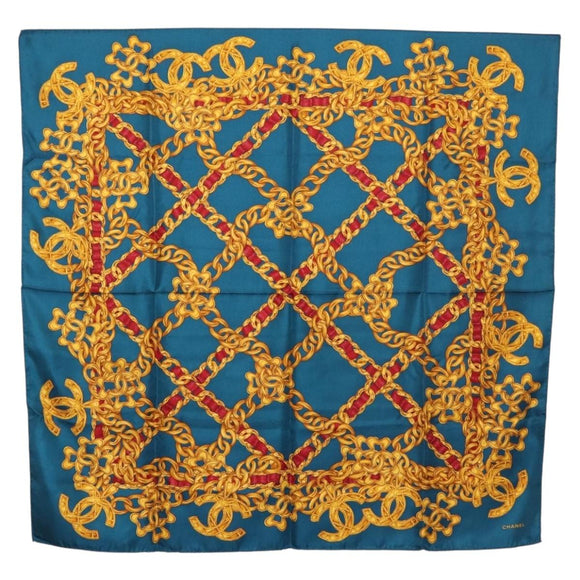 CHANEL Chain Accessory Pattern Scarf Silk Blue CC Auth am11561A