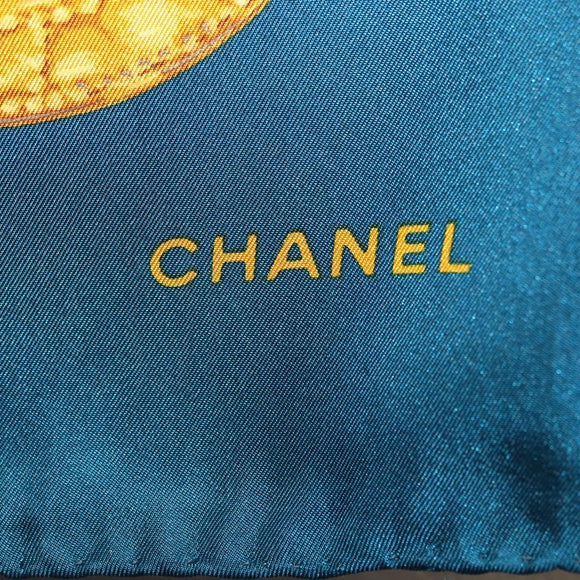 CHANEL Chain Accessory Pattern Scarf Silk Blue CC Auth am11561A
