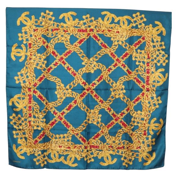 CHANEL Chain Accessory Pattern Scarf Silk Blue CC Auth am11561A
