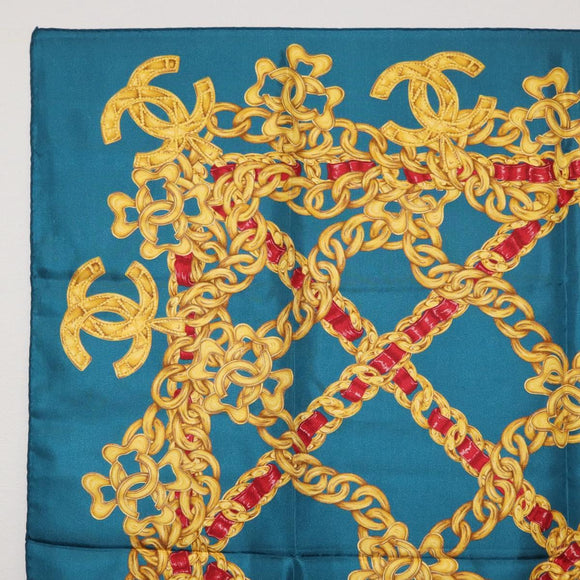 CHANEL Chain Accessory Pattern Scarf Silk Blue CC Auth am11561A