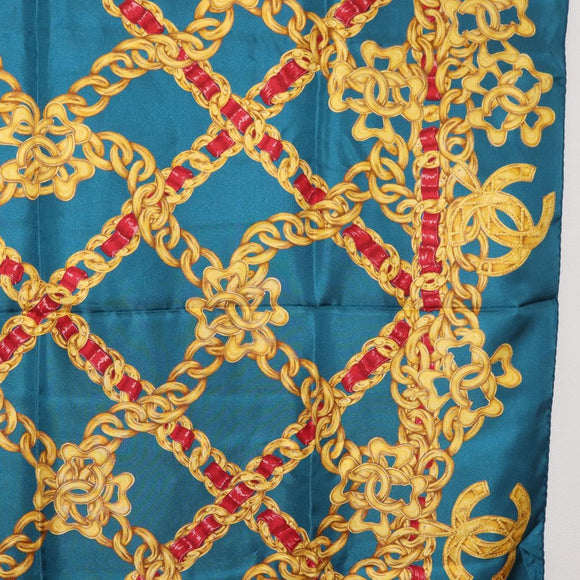 CHANEL Chain Accessory Pattern Scarf Silk Blue CC Auth am11561A